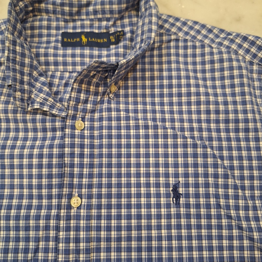 Polo Ralph Lauren Buttondown Mens XL Blue Plaid Shortsleeve Pony Logo Camp Shirt